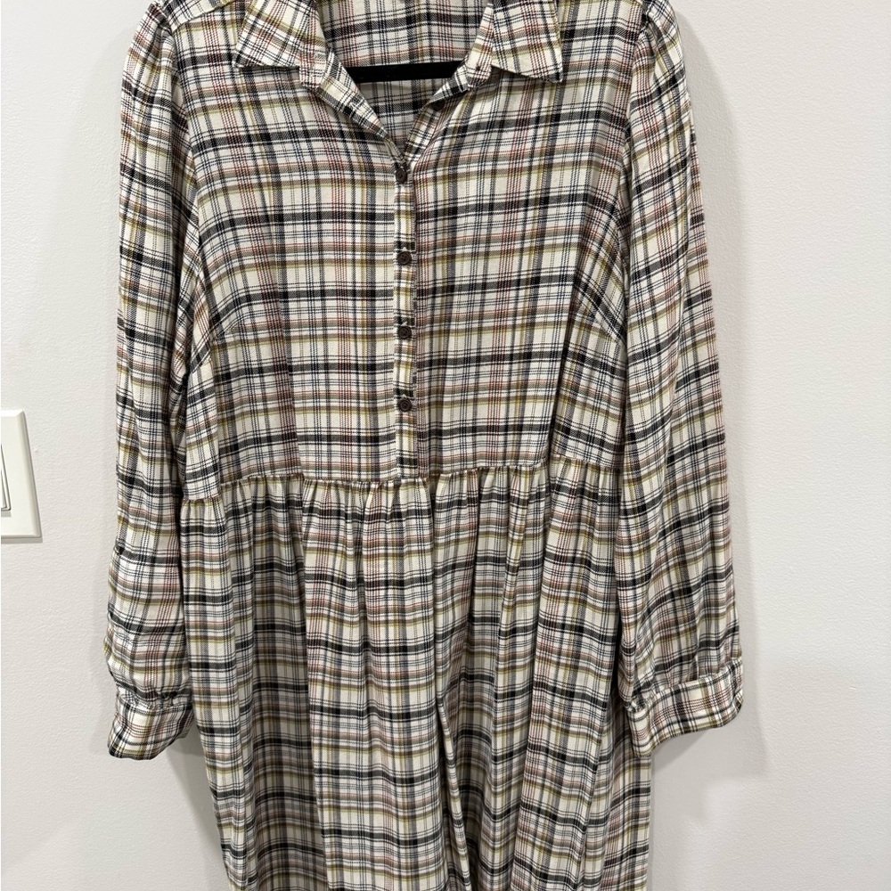 LOFT Plaid Button-Down Dress - Black, Brown, Cream